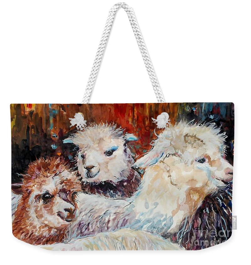 Alpaca Weekender Tote Bag featuring the painting Three Alpacas by Molly Poole