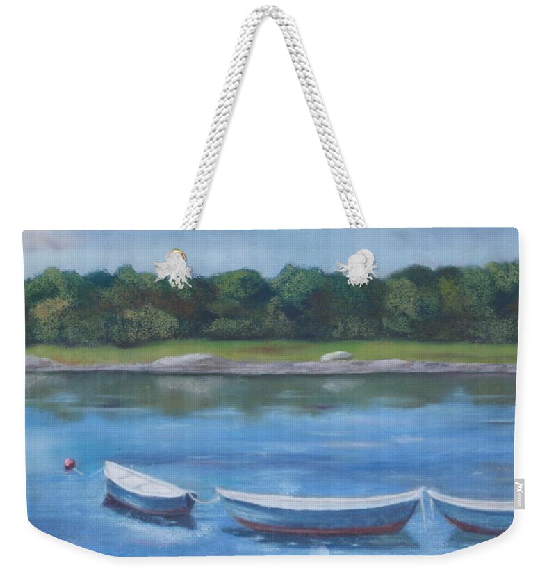 Maine Weekender Tote Bag featuring the pastel Three Dories by Carol Corliss