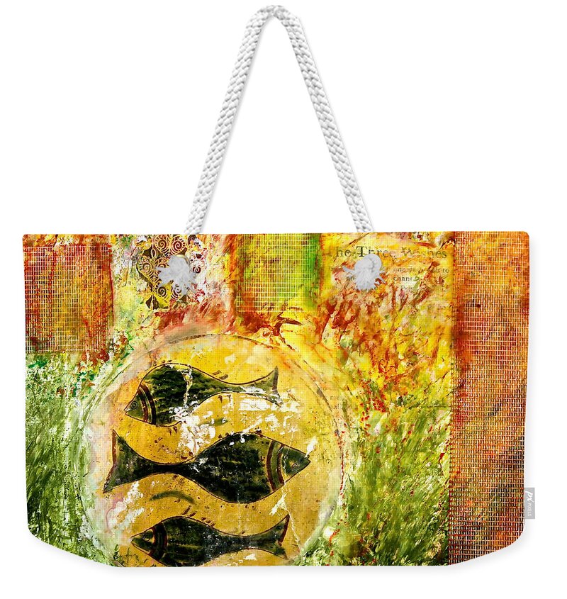 Three Fish Weekender Tote Bag featuring the mixed media Three Fish square format by Bellesouth Studio