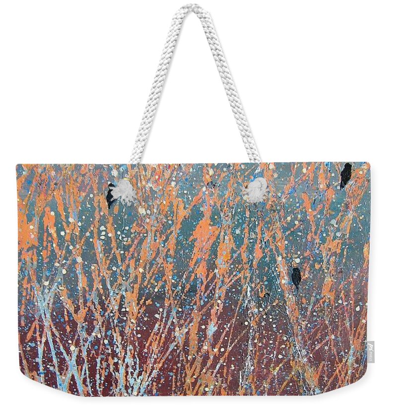 Black Birds Weekender Tote Bag featuring the painting Three of a Kind by Suzanne Theis