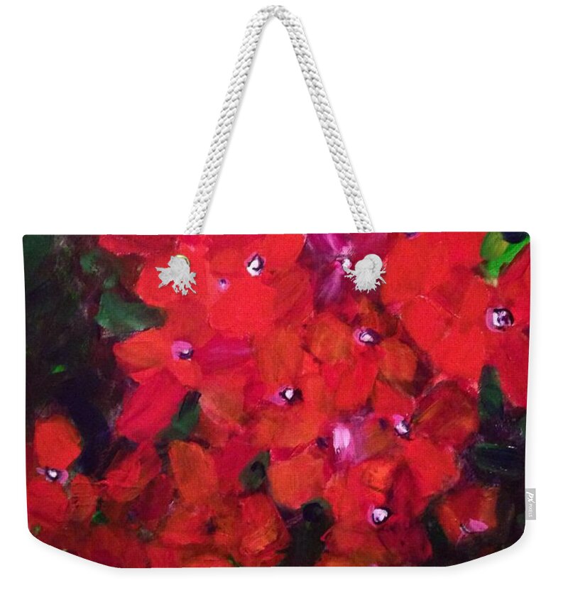 Floral Weekender Tote Bag featuring the painting Thriving To Be Noticed by Sherry Harradence