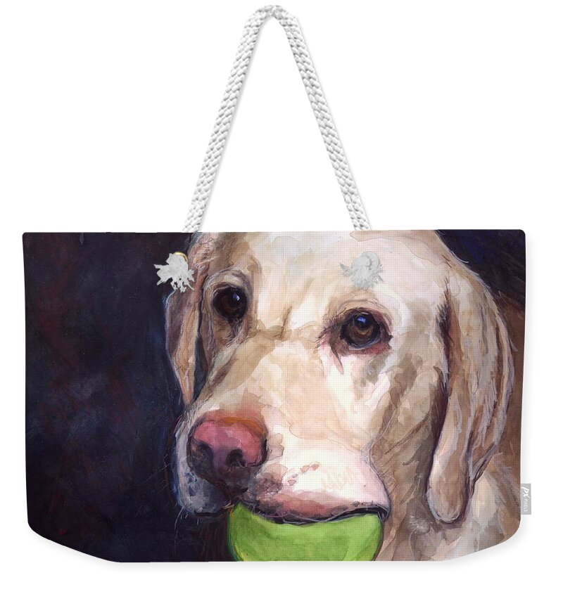 Yellow Labrador Retriever Weekender Tote Bag featuring the painting Throw the Ball by Molly Poole