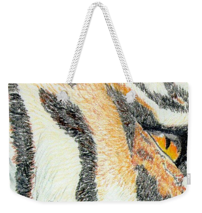 Tiger Weekender Tote Bag featuring the drawing Tiger Amber by Stephanie Grant