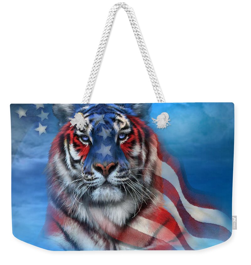 Carol Cavalaris Weekender Tote Bag featuring the mixed media Tiger Flag by Carol Cavalaris