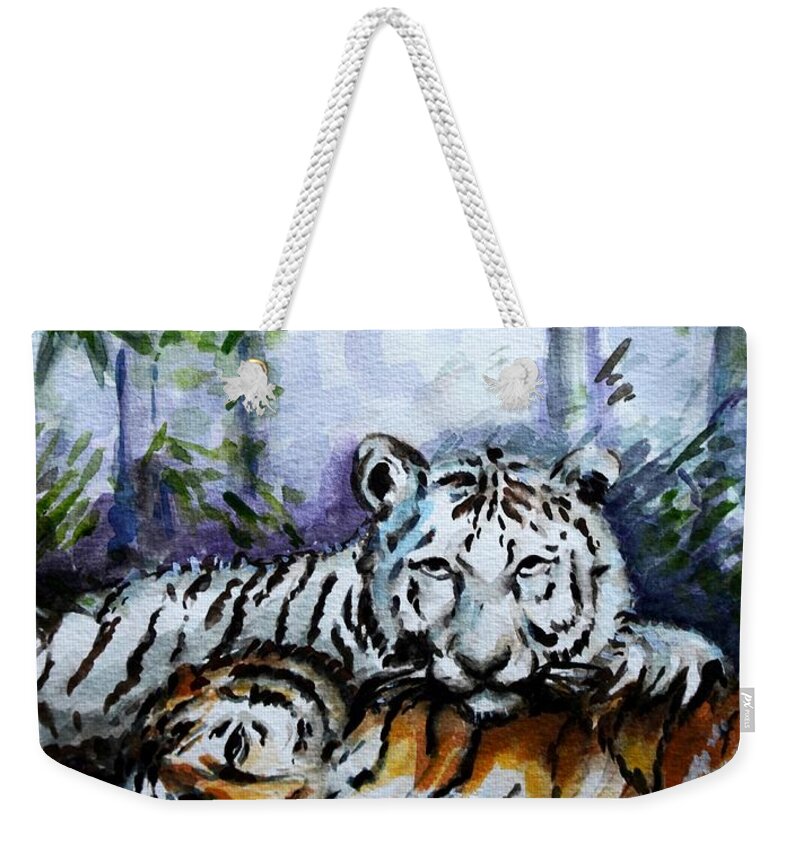 Animals Weekender Tote Bag featuring the painting Tigers-mother and child by Harsh Malik
