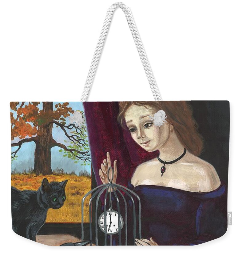 Painting Weekender Tote Bag featuring the painting Time In The Cage by Margaryta Yermolayeva