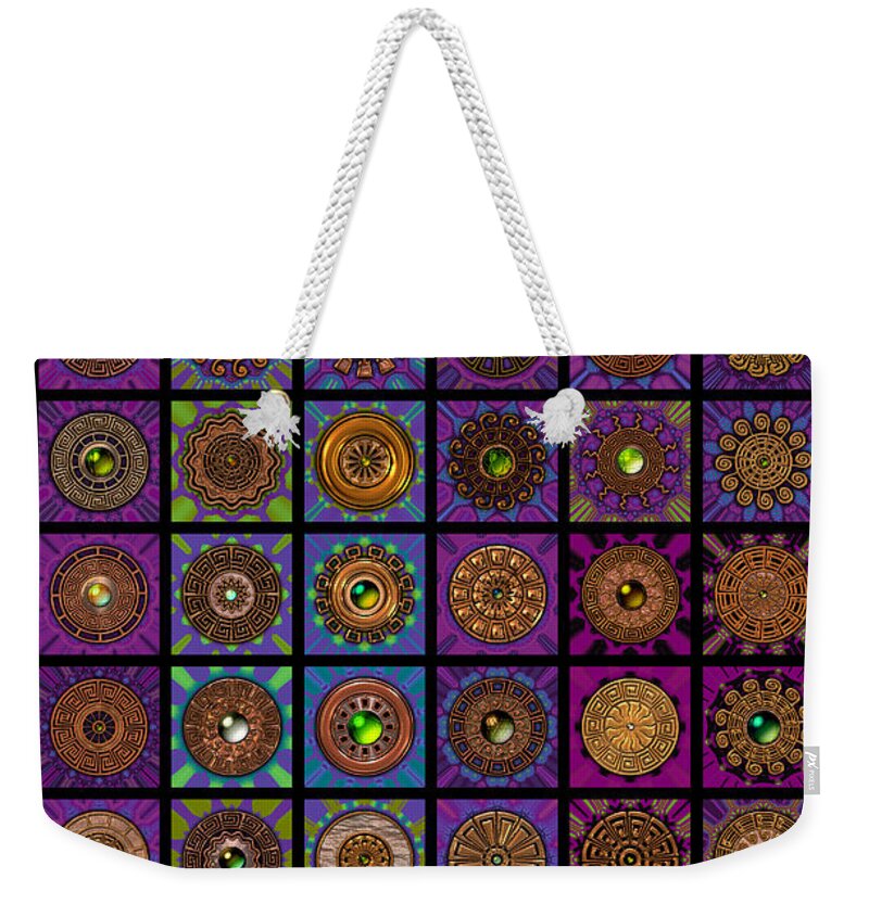 Blue Weekender Tote Bag featuring the digital art Timepieces One Dingbat Quilt by Ann Stretton