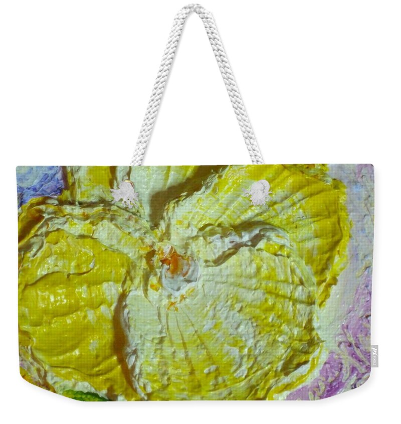 Yellow Weekender Tote Bag featuring the painting Yellow Pansy #1 by Paris Wyatt Llanso