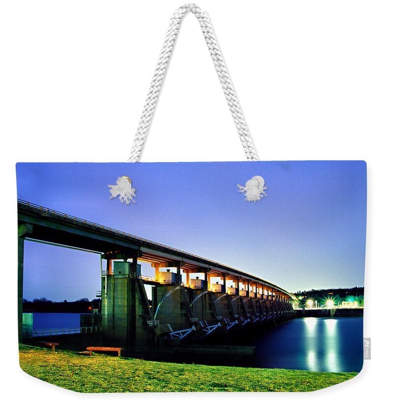 Toad Suck Weekender Tote Bag featuring the photograph Toad Suck Dam at Night by Jason Politte
