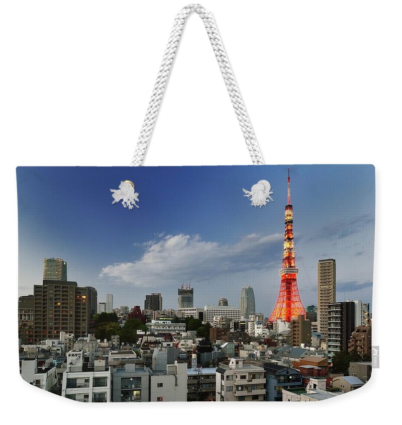 Tokyo Tower Weekender Tote Bag featuring the photograph Tokyo Tower And Cityscape At Sunset by Vladimir Zakharov