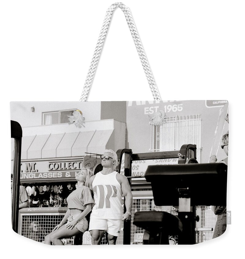 Masculinity Weekender Tote Bag featuring the photograph Tom Platz At Muscle Beach In America by Shaun Higson