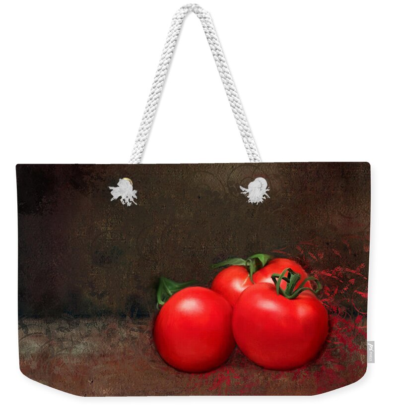 Tomatoes Weekender Tote Bag featuring the painting Tomato Trio by Portraits By NC