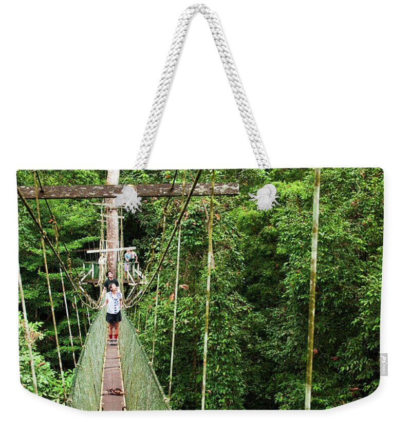 Tropical Rainforest Weekender Tote Bag featuring the photograph Tourists Walking On Mulu Canopy Skywalk by Anders Blomqvist