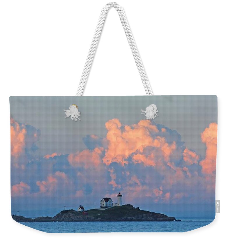 Maine Weekender Tote Bag featuring the photograph Towering Clouds over Nubble Lighthouse York Maine by Michael Saunders