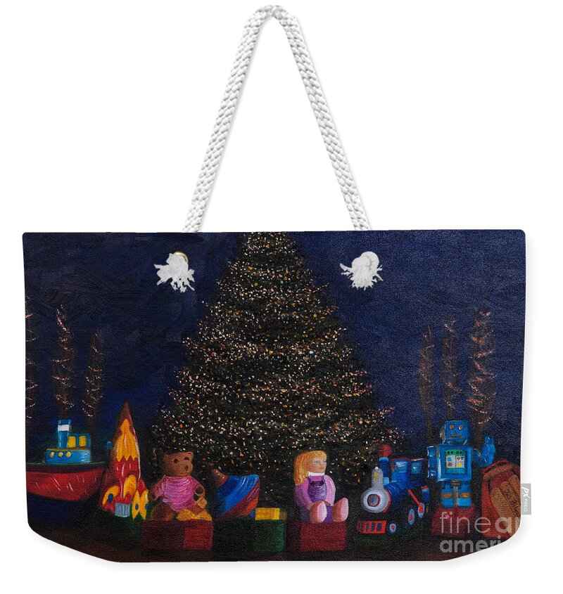 Decorated Large Christmas Tree Surounded With Oversized Toys Aga Weekender Tote Bag featuring the painting Christmas Toys by Iris Richardson