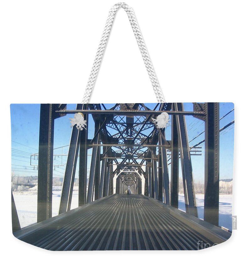Train Weekender Tote Bag featuring the photograph Train Bridge by Vivian Martin