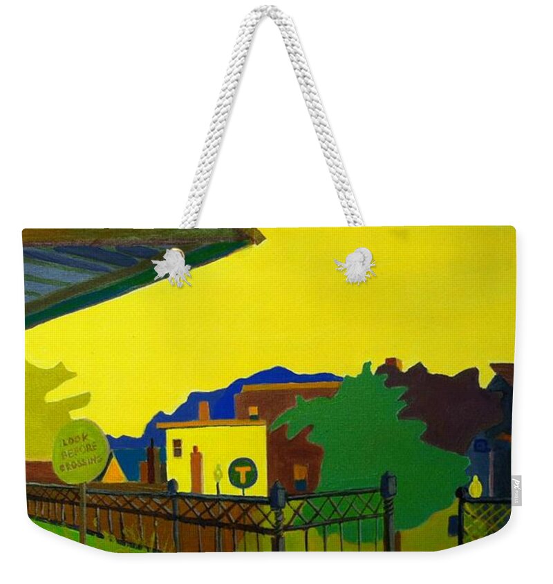Landscape Weekender Tote Bag featuring the painting Trainstop by Debra Bretton Robinson