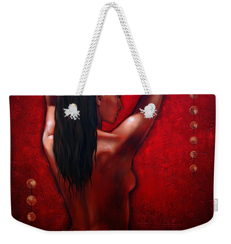 Red Weekender Tote Bag featuring the painting Tranquility by Glenn Pollard