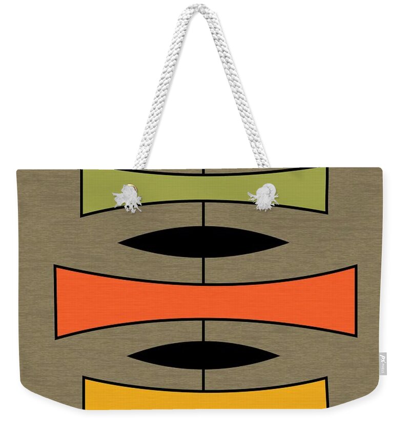 Mid-century Modern Weekender Tote Bag featuring the digital art Trapezoids 2 on Brown by Donna Mibus