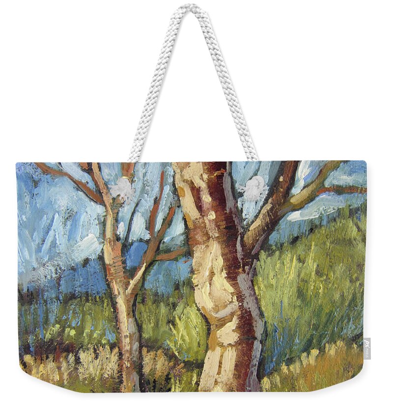 Tree Weekender Tote Bag featuring the painting Trees in Spring by Randy Wollenmann