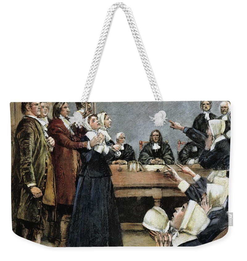 1692 Weekender Tote Bag featuring the drawing Trial Of Two Witches,salem by Howard Pyle