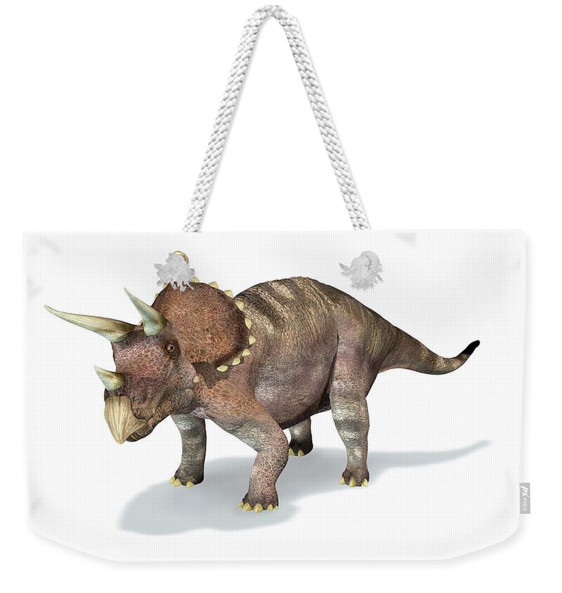 Horned Weekender Tote Bag featuring the digital art Triceratops Dinosaur, Artwork by Leonello Calvetti