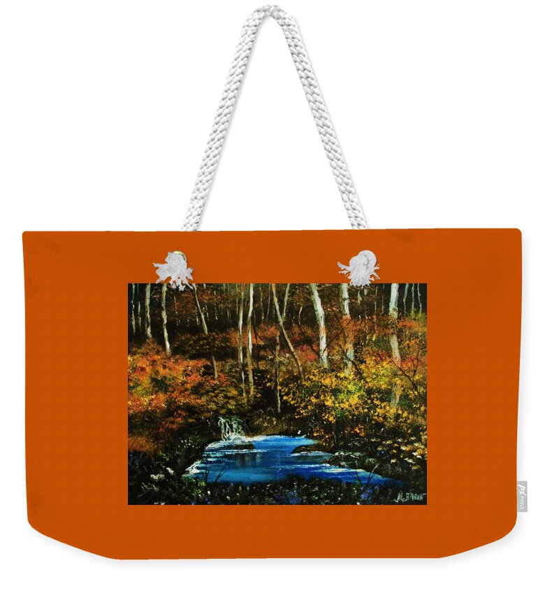 Landscapes Weekender Tote Bag featuring the painting Autumn in the Deep Forest by Al Brown