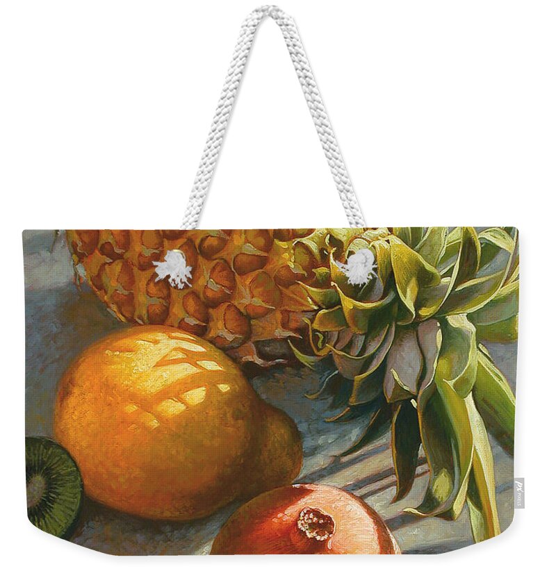 Still Life Weekender Tote Bag featuring the painting Tropical Fruit by Mia Tavonatti