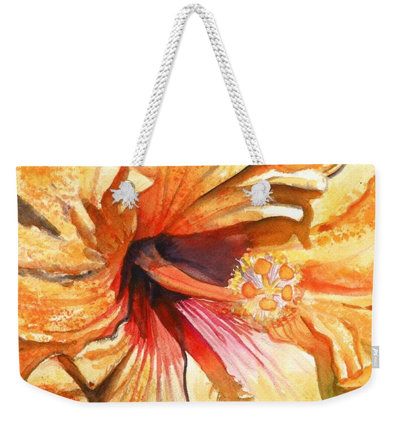 Yellow Hibiscus Weekender Tote Bag featuring the painting Tropical Hibiscus 3 by Marionette Taboniar
