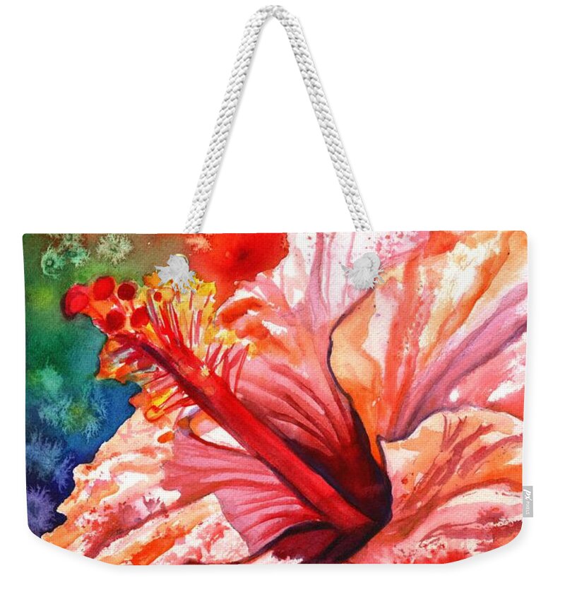 Pink Hibiscus Weekender Tote Bag featuring the painting Tropical Pink Hibiscus by Marionette Taboniar