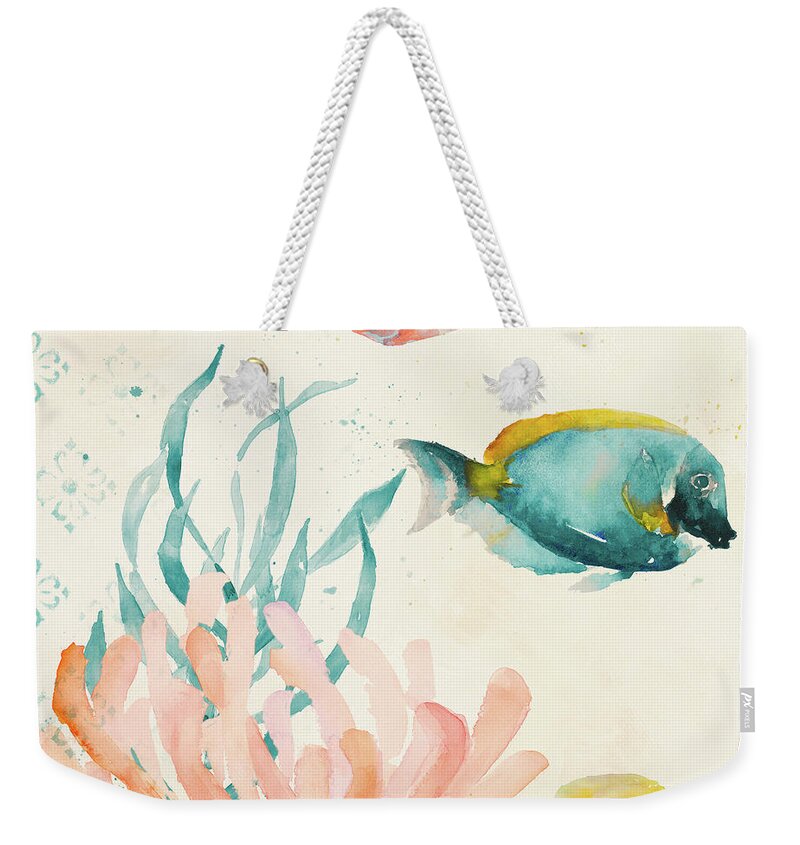 Tropical Weekender Tote Bag featuring the painting Tropical Teal Coral Medley II by Lanie Loreth