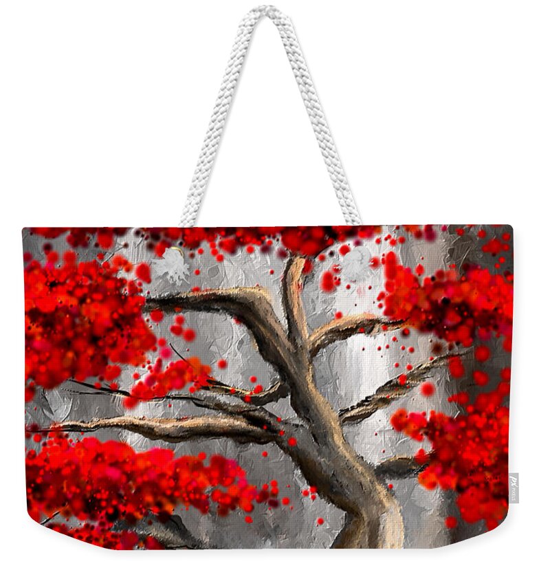 Red And Gray Weekender Tote Bag featuring the painting True Love Waits - Red And Gray Art by Lourry Legarde