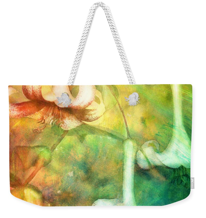 Impressionism Weekender Tote Bag featuring the painting Trumpet Lilies In A Magical Forest by Georgiana Romanovna