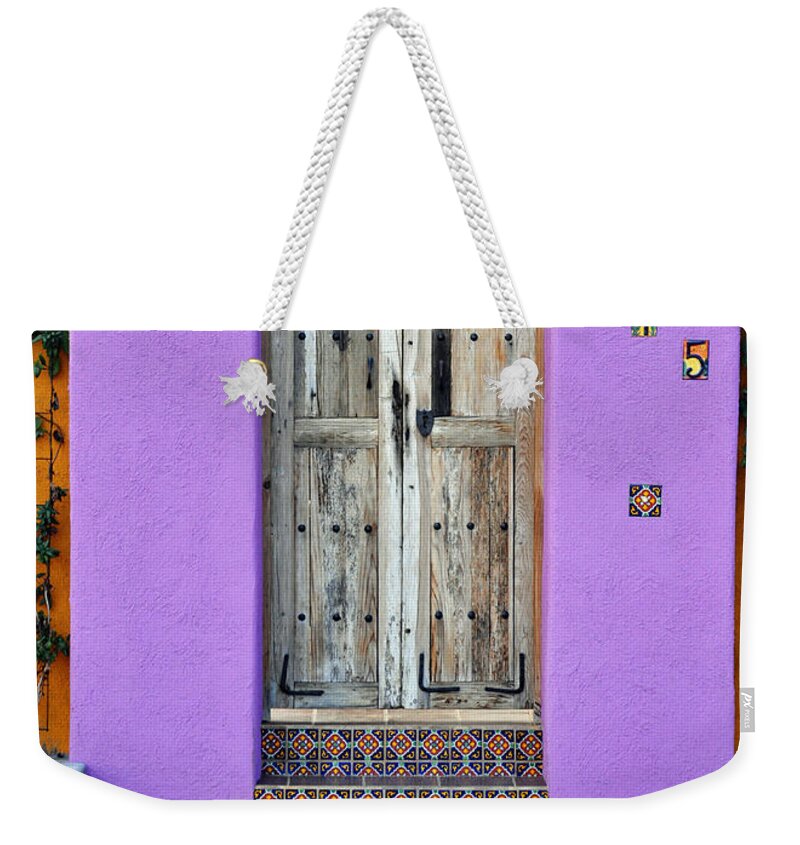 Arizona Weekender Tote Bag featuring the photograph Tucson Barrio Doors - Orange and Purple by Mark Valentine