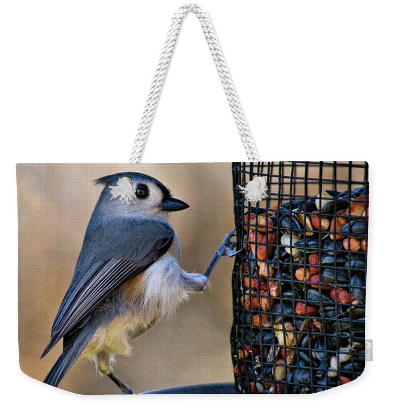	Ufted Titmouse Weekender Tote Bag featuring the photograph Tufted Stance by Lana Trussell