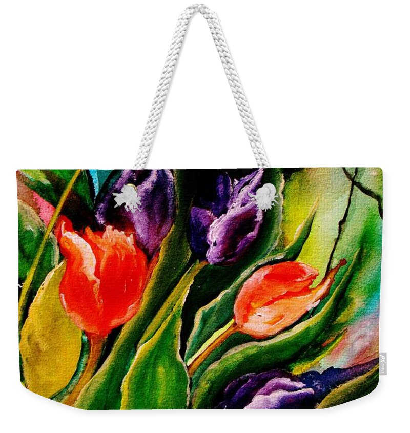 Tulips Weekender Tote Bag featuring the painting Tulip Explosion by Lil Taylor