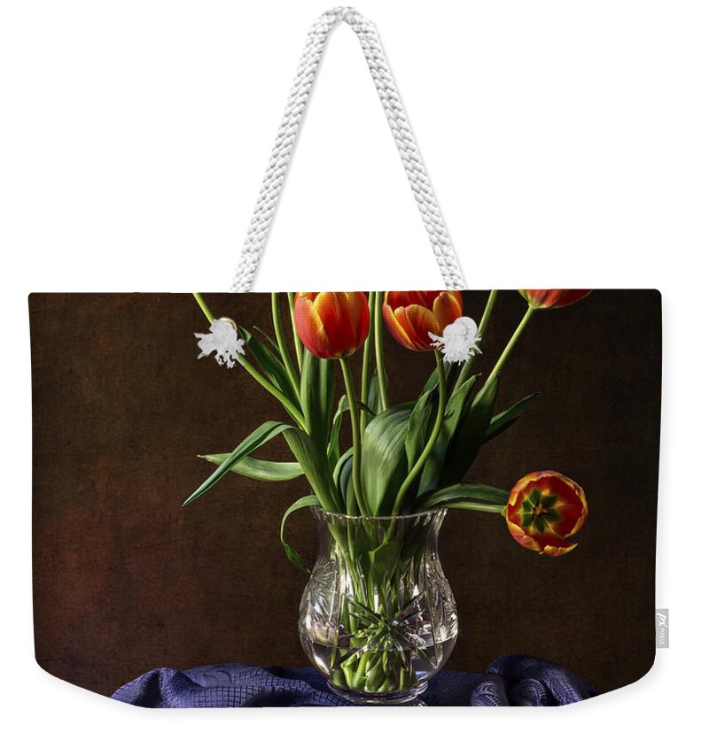 Vase Weekender Tote Bag featuring the photograph Tulips In A Crystal Vase by Endre Balogh