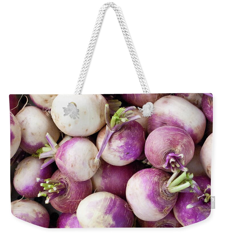 Purple Weekender Tote Bag featuring the photograph Turnips At A Farmers Market by Bill Boch
