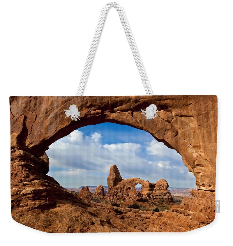Nis Weekender Tote Bag featuring the photograph Turret Arch Through North Window Arch by Erik Joosten