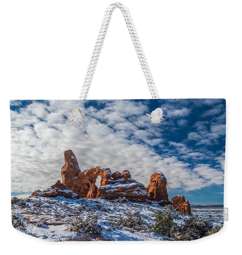 Utah Weekender Tote Bag featuring the photograph Turret Arch Winter by Dustin LeFevre