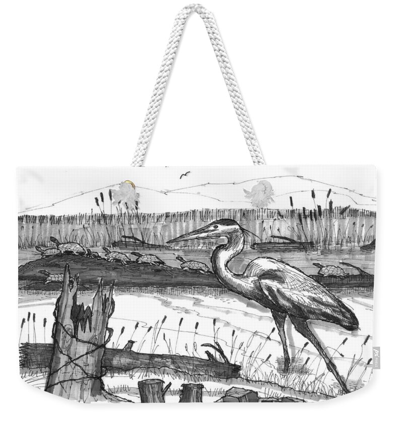 Wildlife Weekender Tote Bag featuring the drawing Turtles and Heron by Richard Wambach
