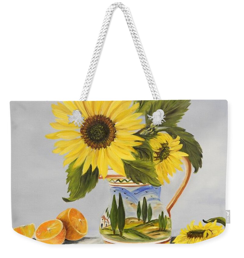 Italy Weekender Tote Bag featuring the painting Tuscan Pitcher and Sunflowers by Carol Sweetwood
