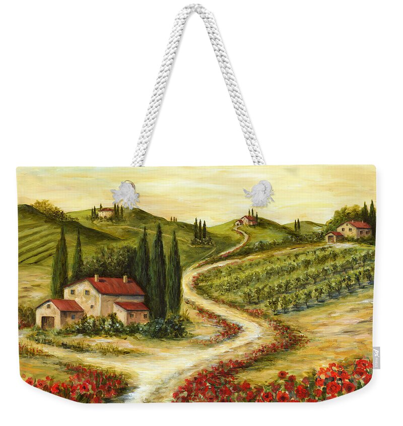 Tuscany Weekender Tote Bag featuring the painting Tuscan road With Poppies by Marilyn Dunlap