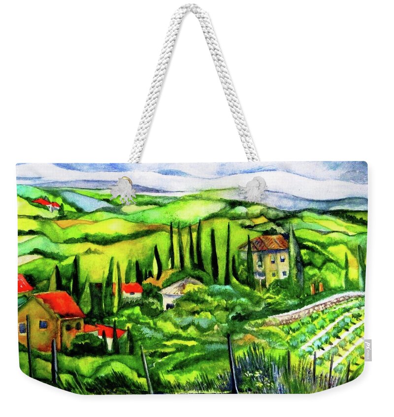 Tuscany Weekender Tote Bag featuring the painting Tuscan Valley by Kandy Cross