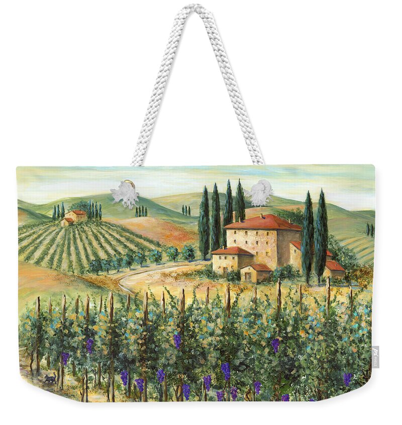 Tuscany Weekender Tote Bag featuring the painting Tuscan Vineyard and Villa by Marilyn Dunlap