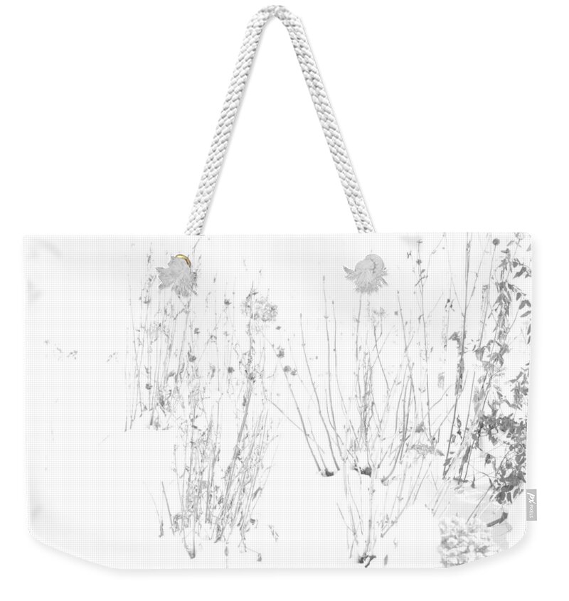 Black And White Image Weekender Tote Bag featuring the photograph Weeds in Snow by Valerie Collins