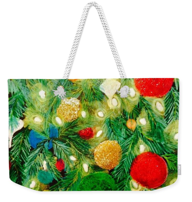 Christmas Weekender Tote Bag featuring the painting Twinkling Christmas Tree by Renee Michelle Wenker