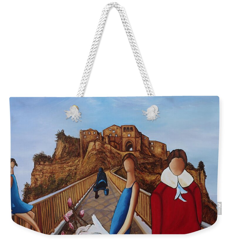 Two Young Girls Weekender Tote Bag featuring the painting Twins On Bridge by William Cain