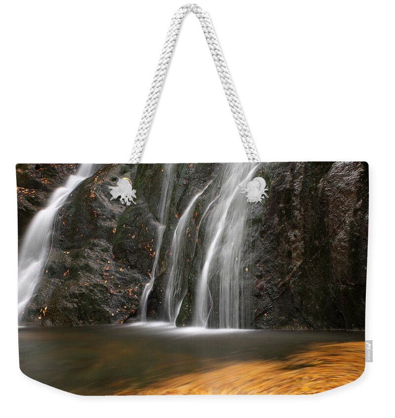 Waterfall Weekender Tote Bag featuring the photograph Twirling Leaves at Moss Glen Waterfall by Juergen Roth