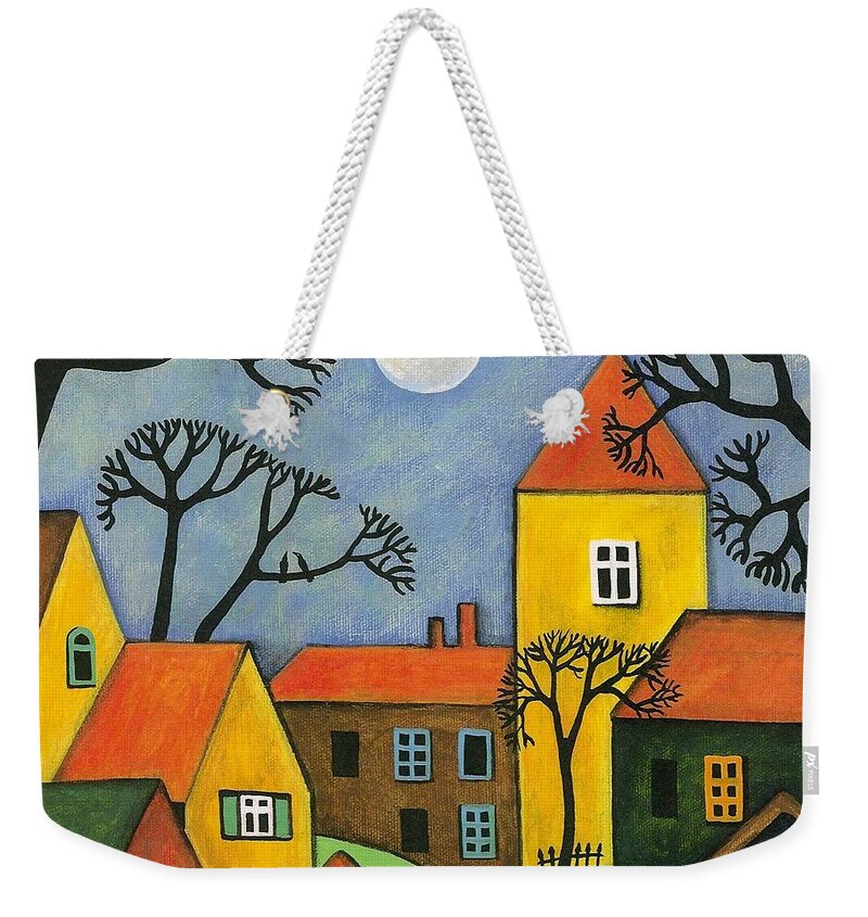 Abstract Weekender Tote Bag featuring the painting Two Cats and Two Crows by Margaryta Yermolayeva